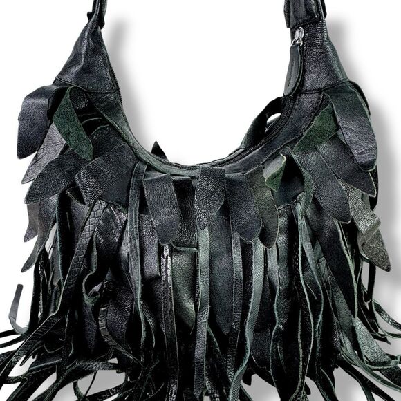 Bohemian Fringe Western Cowgirl Cowboy Rodeo Black Leather Hobo Shoulder Bag - Picture 6 of 12